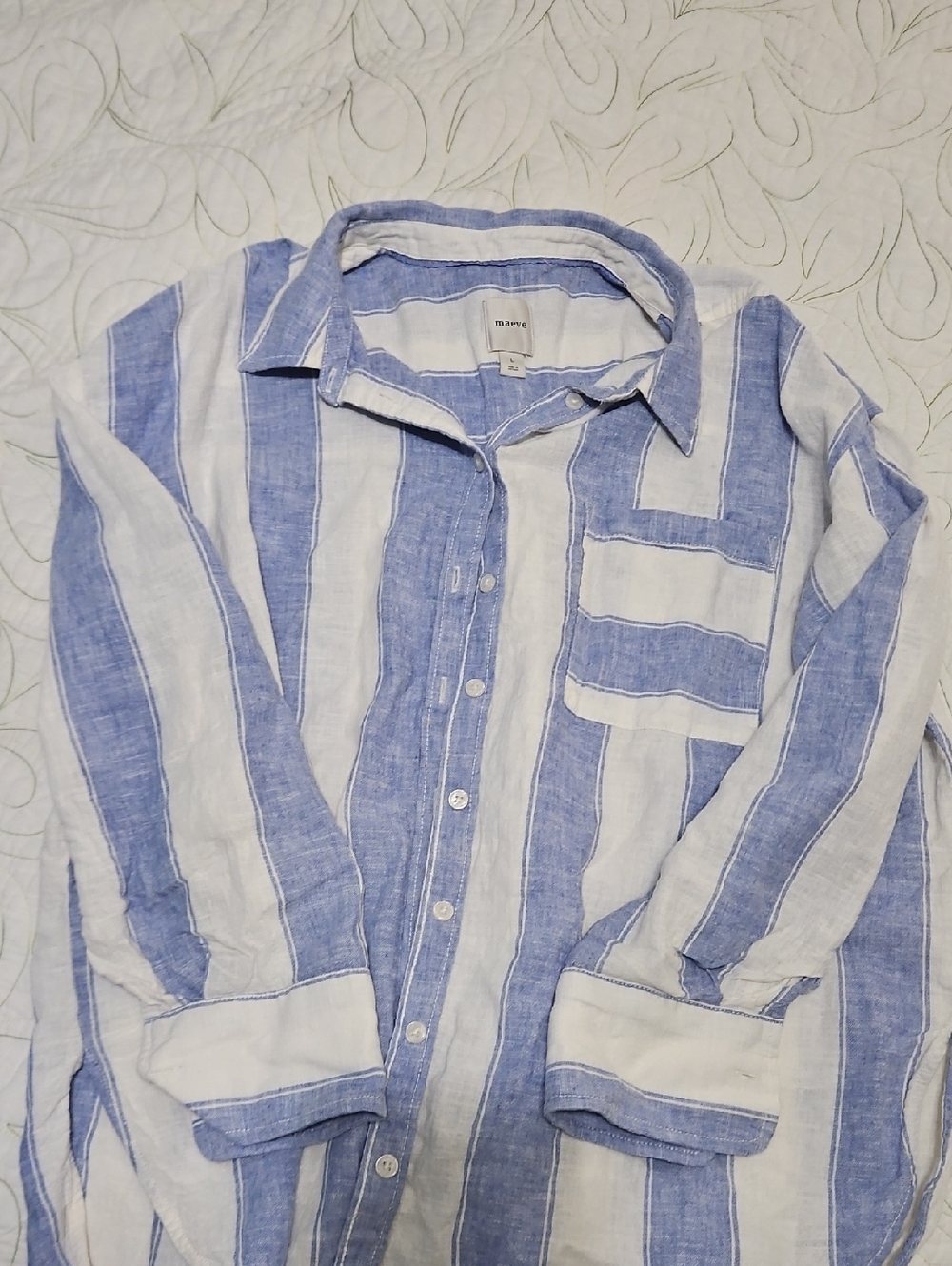 Maeve Blue & White Vertical Stripe Linen-Cotton Shirt